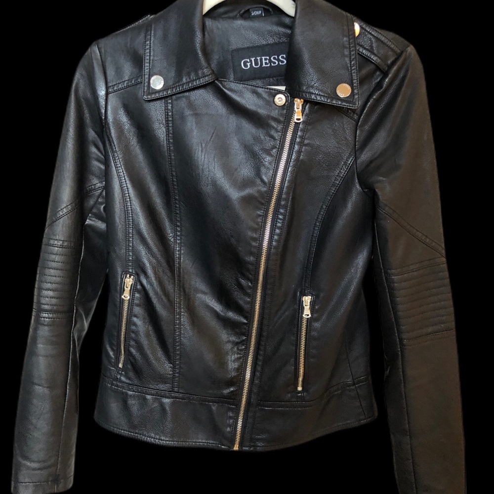 Vegan Leather Moto Jacket By Guess Small
